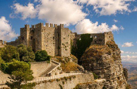 The Norman Castello di Venere on its crag above Erice, battlemented walls against the sky